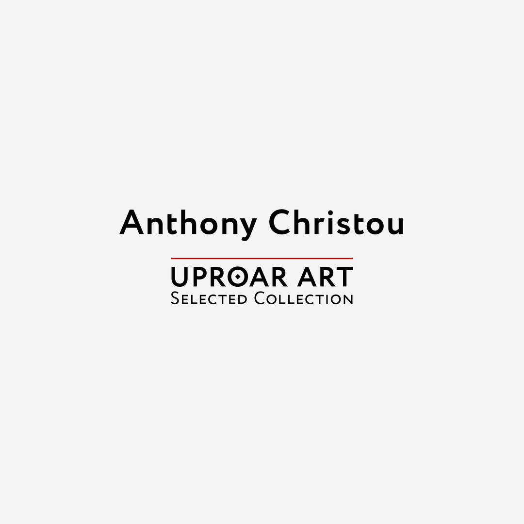 Cover page for Anthony Christou Uproar Art collection featuring bold black text on a light gray background, with red and black accents, promoting fantasy art prints and selected collection.