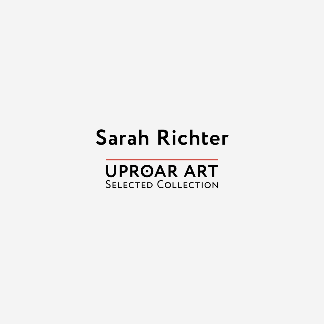 Cover page for Sarah Richter Uproar Art collection featuring bold black text on a light gray background, includes the artist&