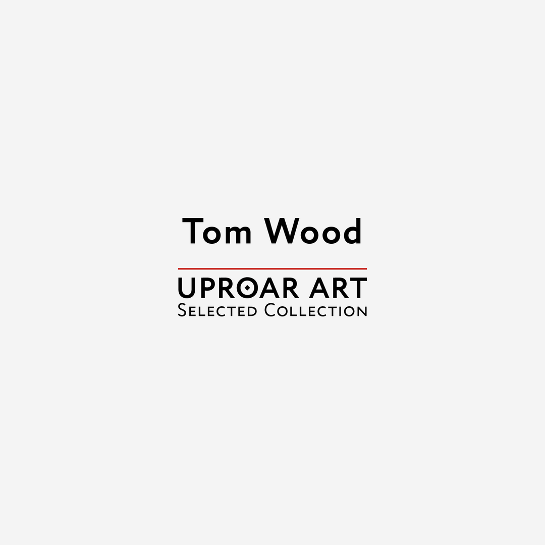 Cover of Tom Wood art prints collection featuring bold black text on a light gray background, with red and black accents, promotional design