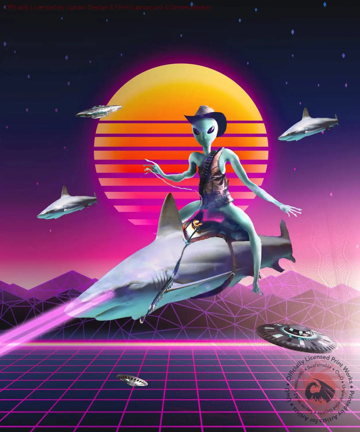 Cowboy Space Alien Riding Shark With Laser Posters Prints & Visual Artwork