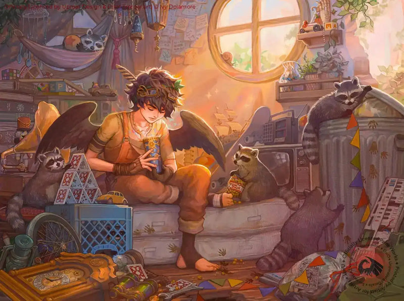 Fantasy art print of a boy with raccoons in a cozy, cluttered room with warm sunlight