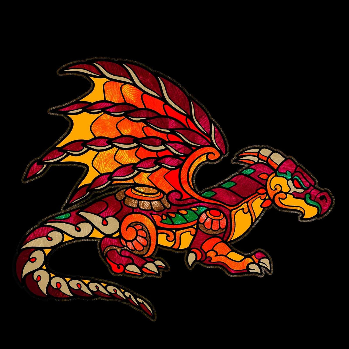 UV-printed VFX dragon sticker with red, orange and gold sections, green accents and a metallic patterned finish.