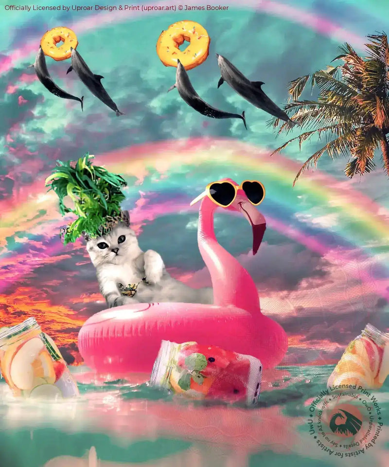 Colorful surreal art print with rainbow sky, dolphins with donut rings, flamingo wearing sunglasses, and a cat with leafy crown