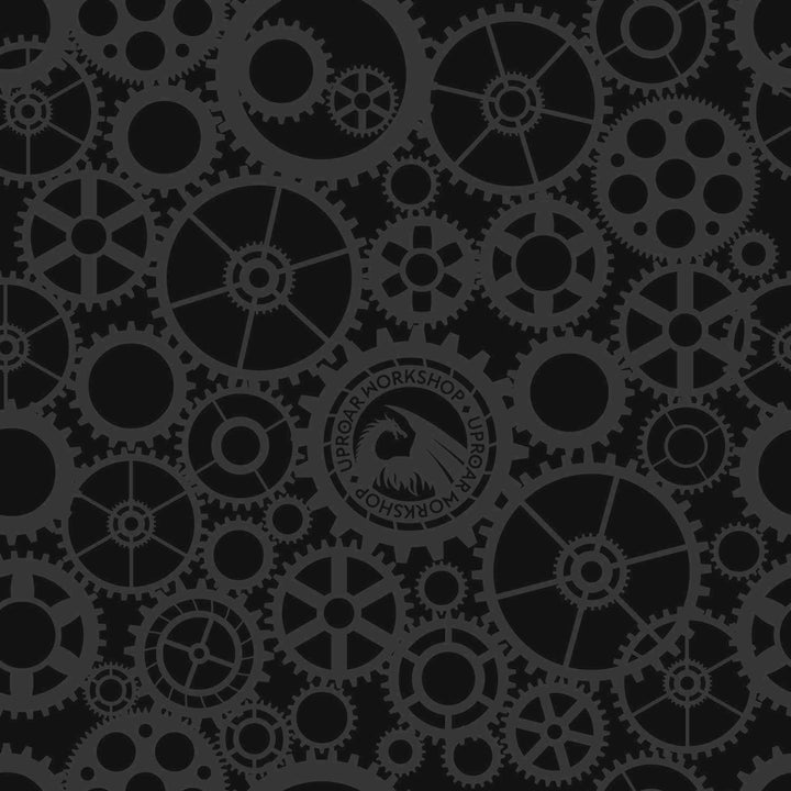 Dark background with interconnected gray gears and cogs, featuring Uproar Workshop logo with dragon emblem, representing precision machinery