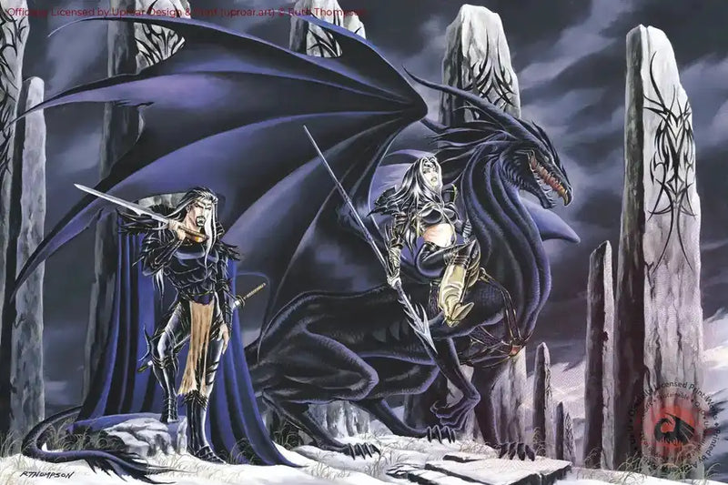 Dark fantasy art print featuring a dragon and armored warriors in a mystical landscape
