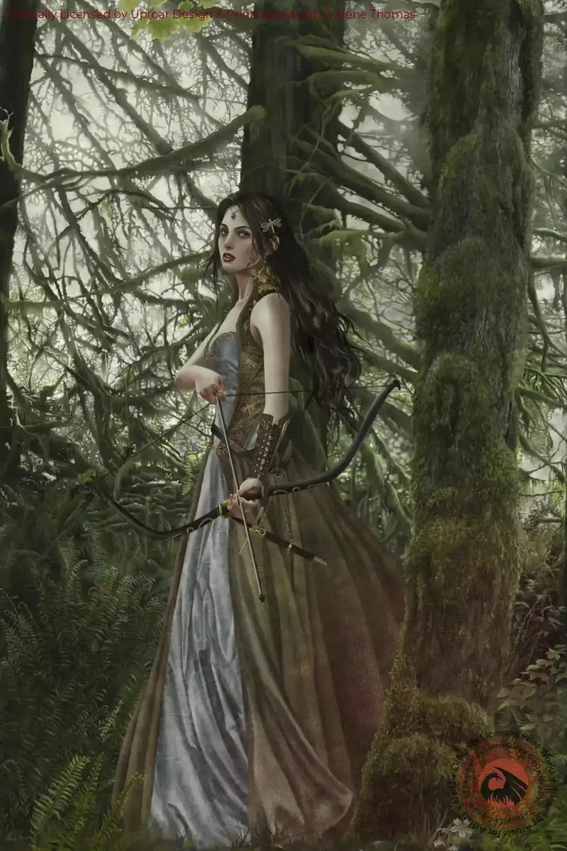Fantasy art print of a dark-haired woman with bow in a mystical forest