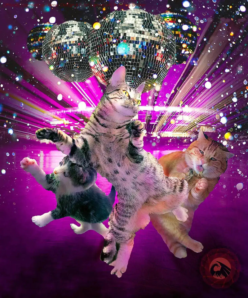 Disco Cat art print with cats and disco balls, vibrant neon lights, and sparkling background