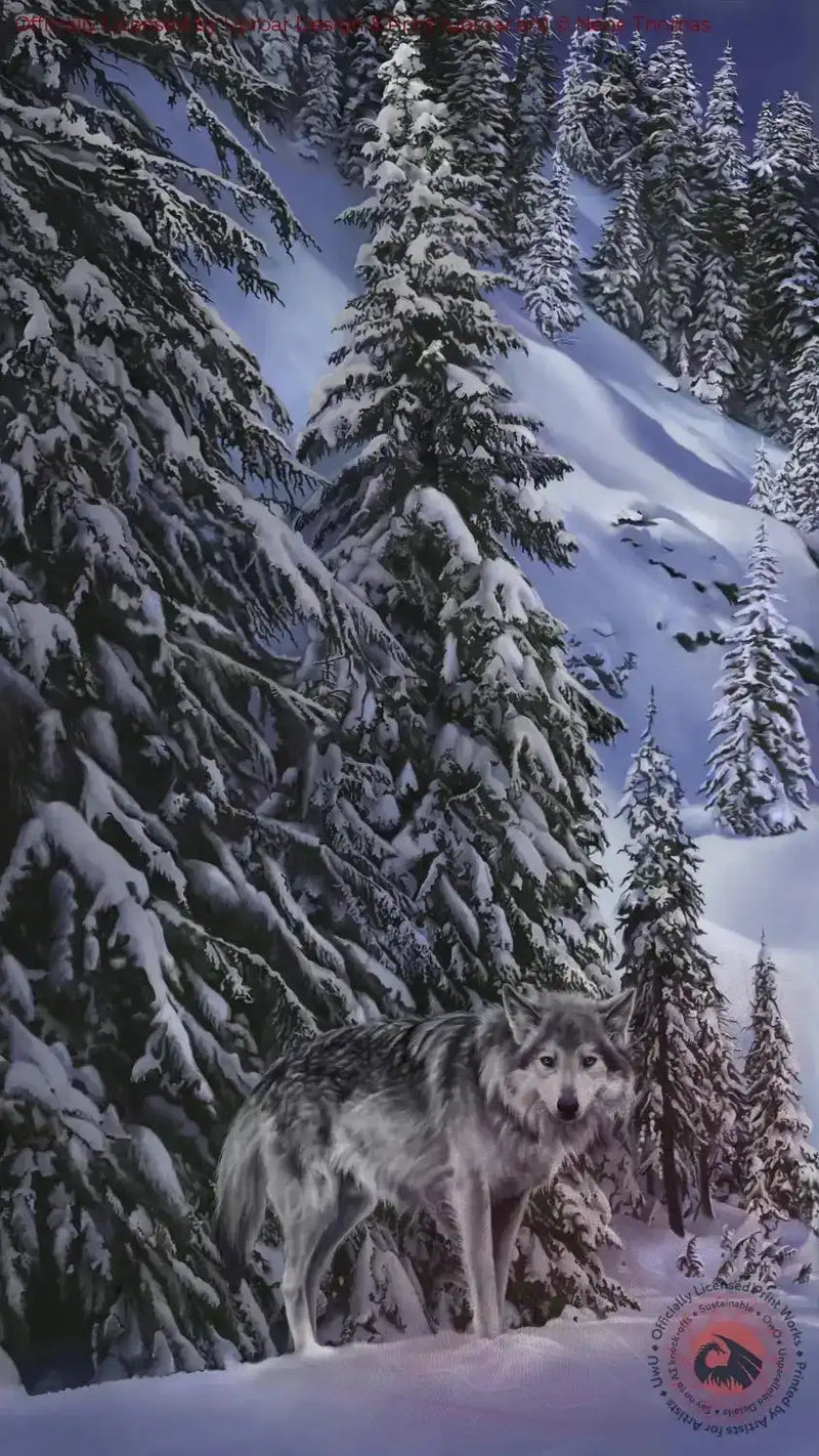 Snowy forest with wolf print on winter snow