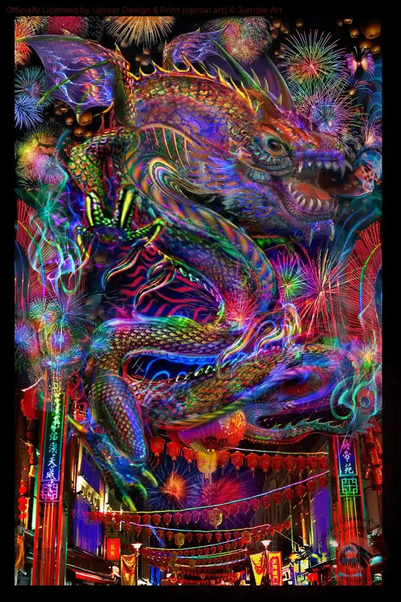 Neon dragon artwork with fireworks in vibrant colors for home decor