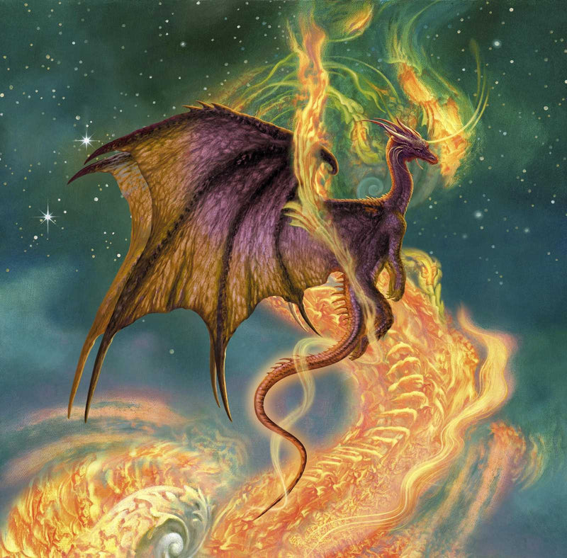 Drakeman fantasy dragon art print with fiery background