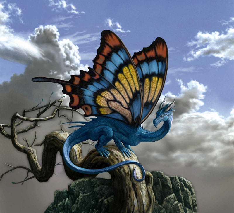 Blue dragon with butterfly wings on rocky cliff