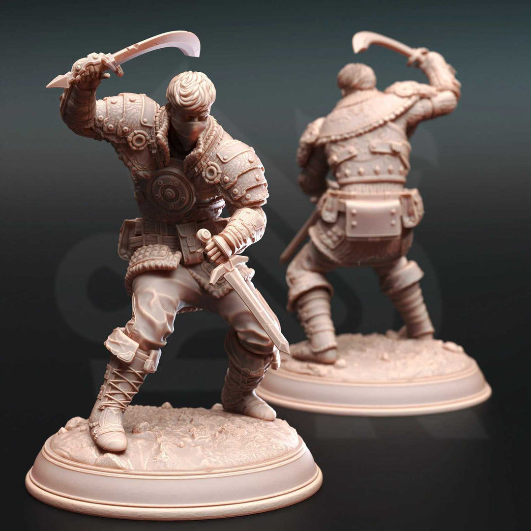 Fantasy warrior miniature with sword, detailed armor, dynamic pose, on round base