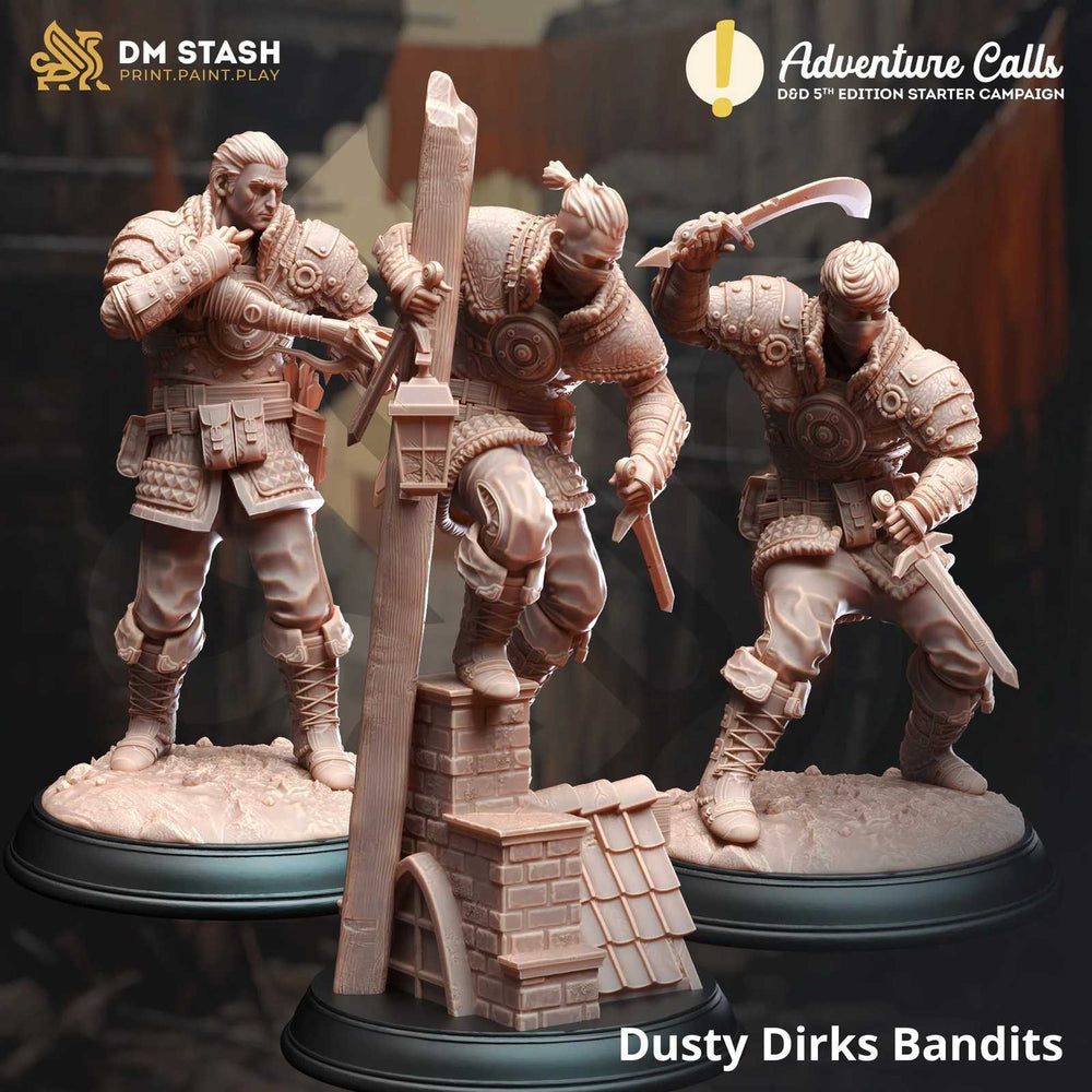 D&D fantasy bandit miniature set, three figures with weapons, detailed armor, on display