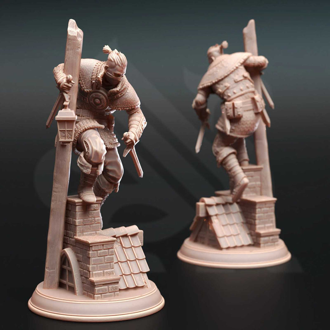 Fantasy dwarf warrior scale model with sword and shield on brick tower base