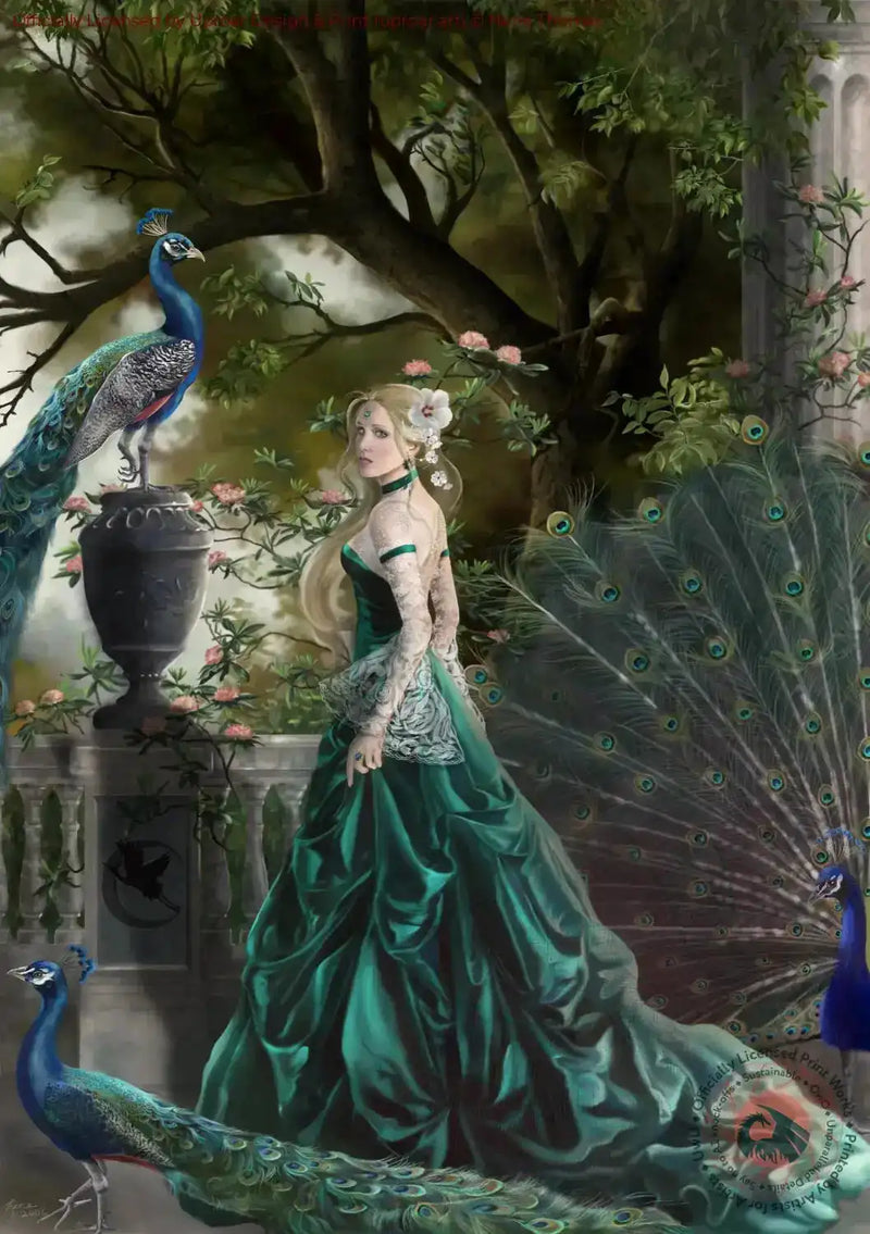 Elegant woman with peacock feathers and lush greenery
