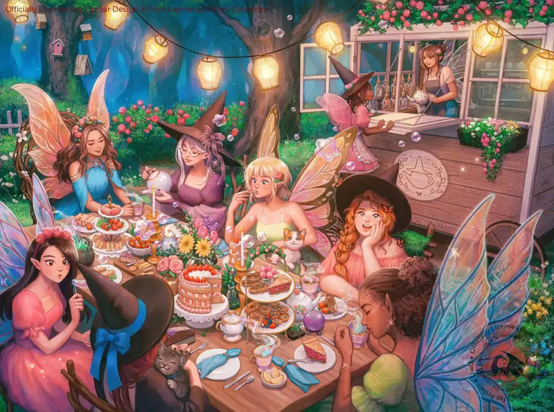 Fairy art print with whimsical fairy friends celebrating outdoors