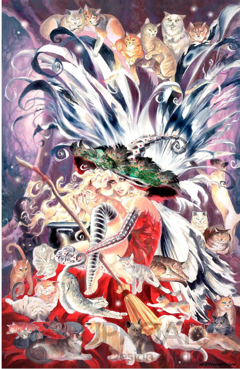 Fantasy cat art print with witches and cats
