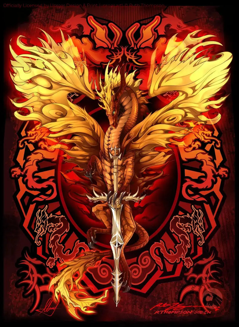 Dragon-themed art print with fiery gold and red hues, featuring a majestic dragon with a sword in a fantasy style for home decor