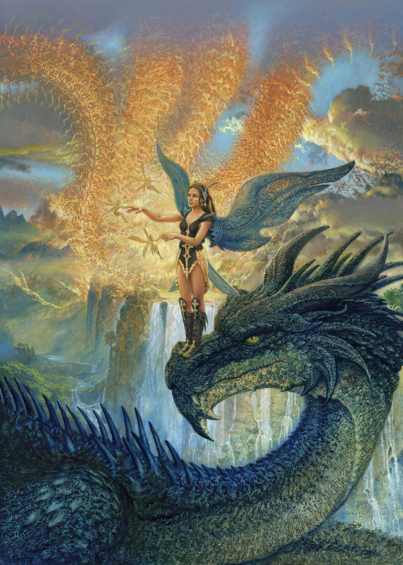 Fantasy fairy with dragon wings in mystical landscape print