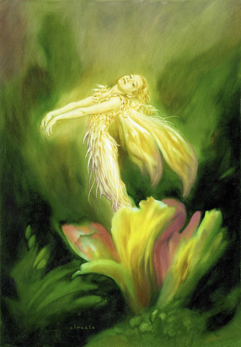 Yellow flower fairy art print with green background