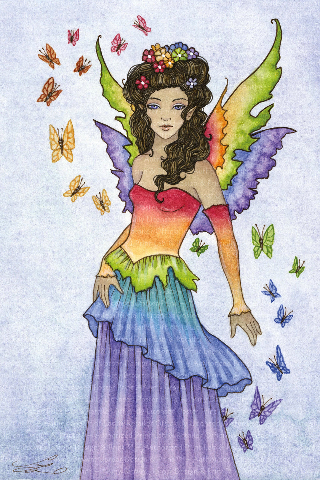 a drawing of a woman in a dress with butterflies around her