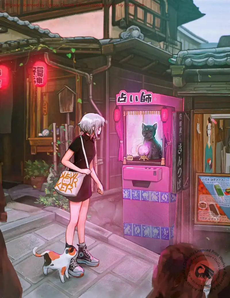 Anime girl with white hair and dog at a Japanese street fortune teller booth