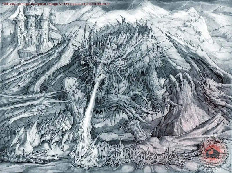 Frost Dragon Attack art print by Ed Beard Jr., fantasy dragon with icy landscape, castle background, monochrome artwork