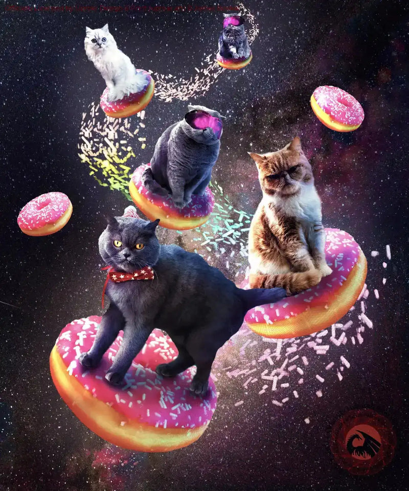 Space cats riding donuts in galaxy background