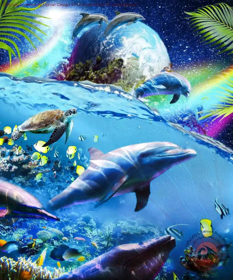 Dolphins in space with Earth, dolphins, sea turtle, and tropical plants