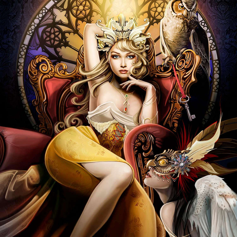 Fantasy art print featuring a regal woman with flowing blonde hair, ornate jewelry, and a white owl, seated on a luxurious red and gold throne with intricate background details