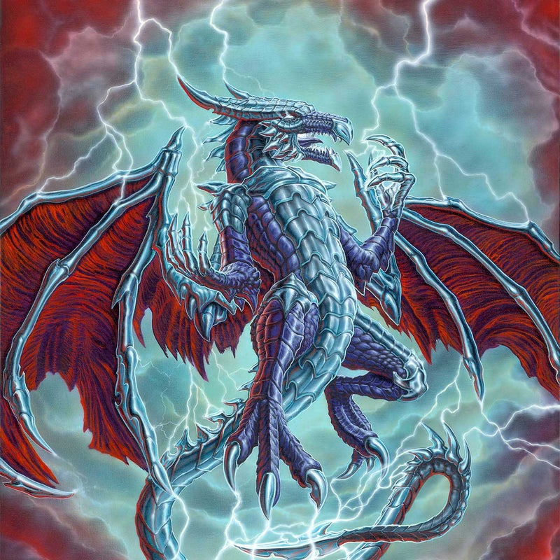 Fantasy dragon artwork with metallic blue scales, red wings, lightning storm background, detailed mythical creature print for home decor - SKU: 12345