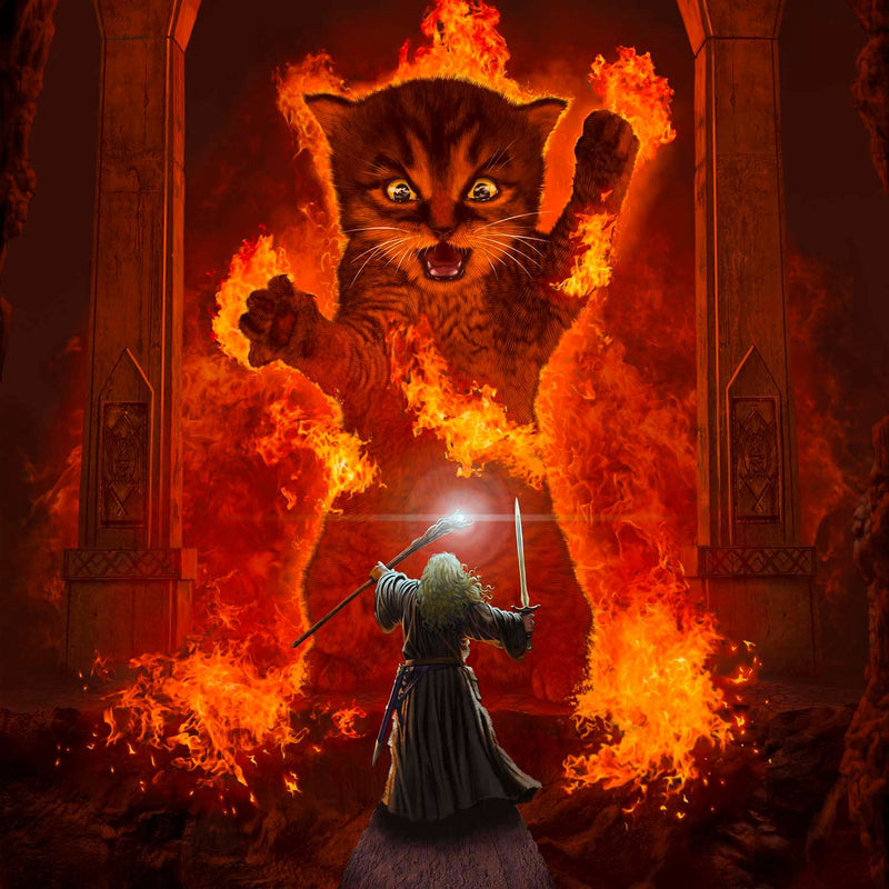 Vivid fantasy art print featuring a fierce, roaring kitten surrounded by flames in a mystical, fiery setting with ancient stone pillars
