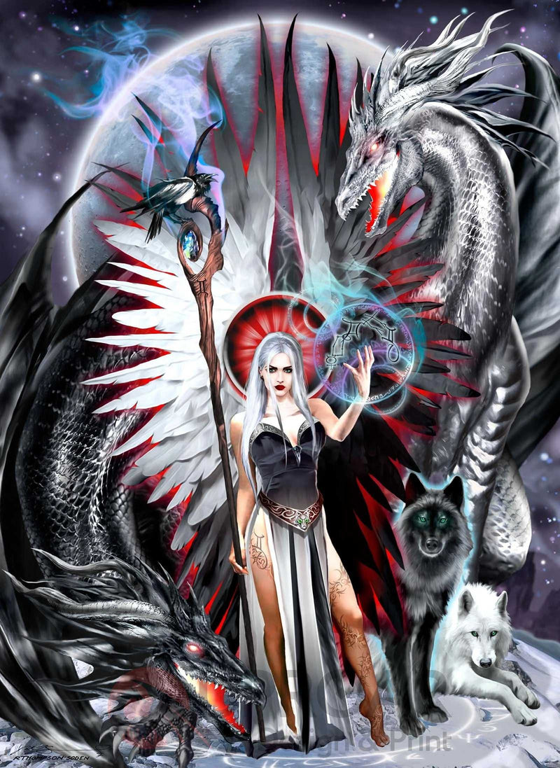 Fantasy dragon and wolf art print with woman and celestial background