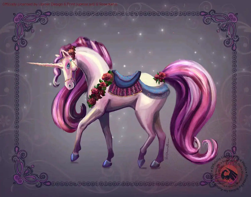 Fantasy unicorn with pink and purple mane, decorated with roses and ornate saddle, on a starry background