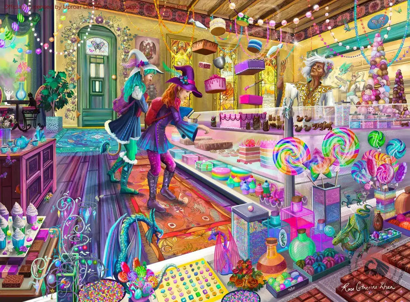 Colorful bakery display with whimsical characters and vibrant sweets