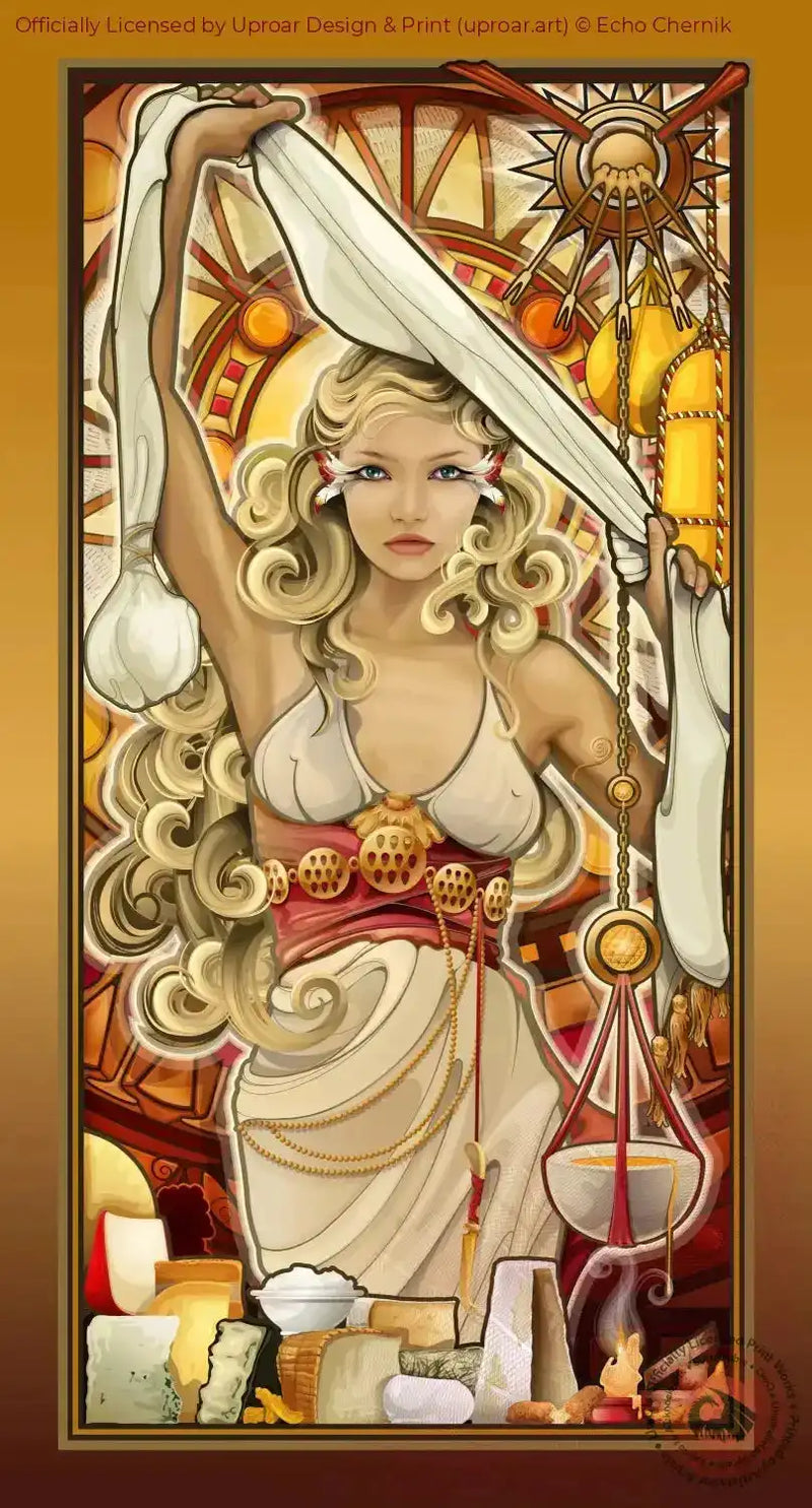 Goddess of Cheese art print with fantasy woman, cheese, and scales, home decor poster