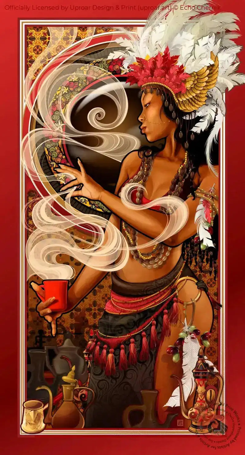 Goddess of Coffee art print with tribal headdress and steaming cup