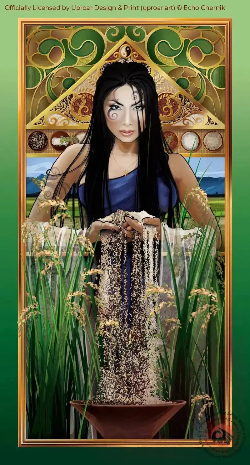 Goddess of Rice art print with lush green rice fields and ornate decorative background