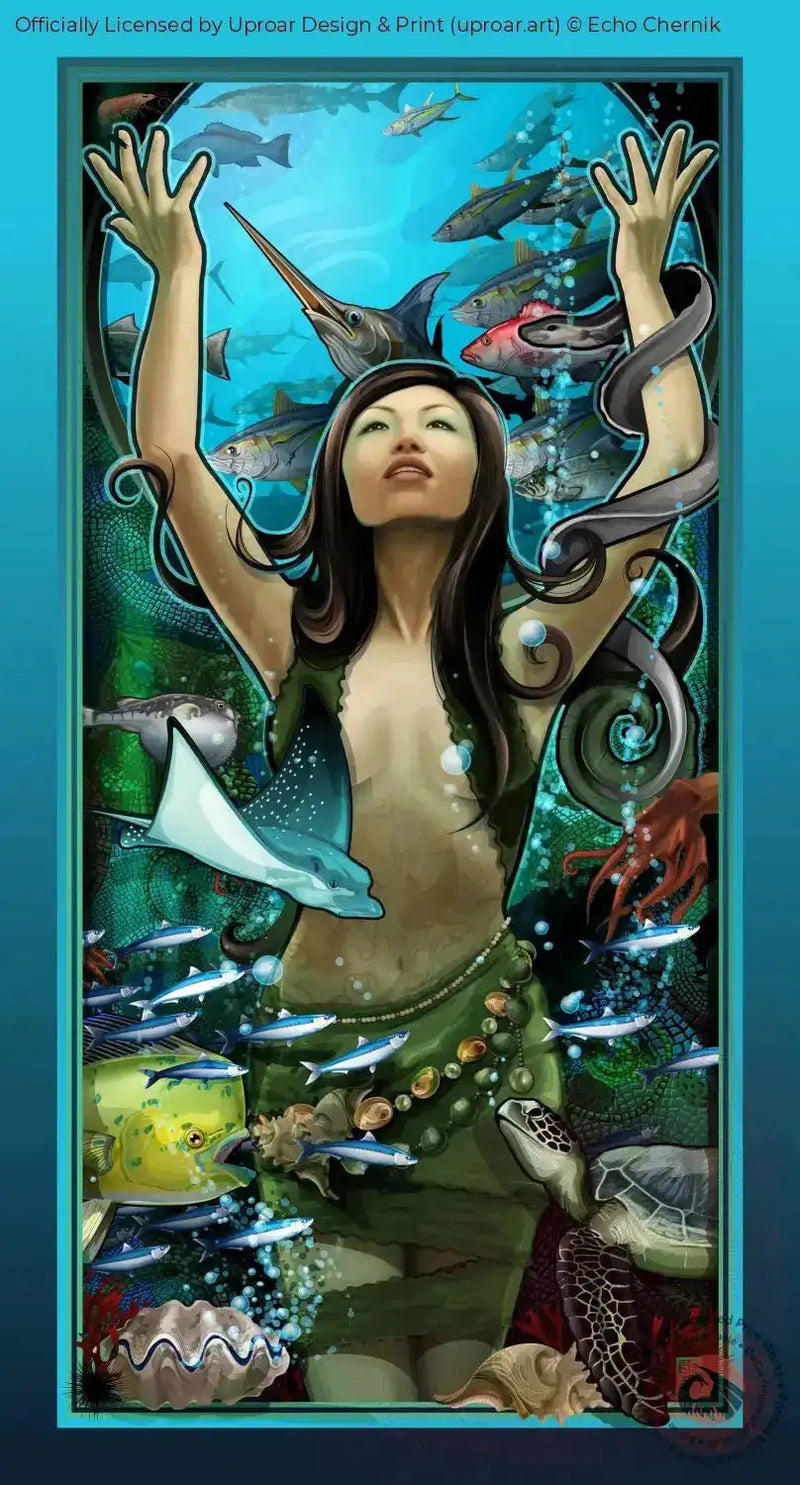 Sea goddess art print with woman and marine life