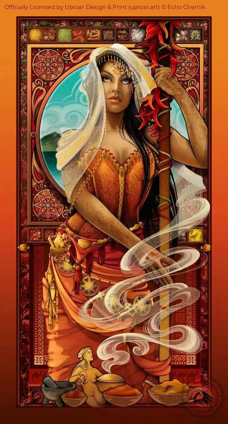 Fantasy goddess poster with spices and mystical elements