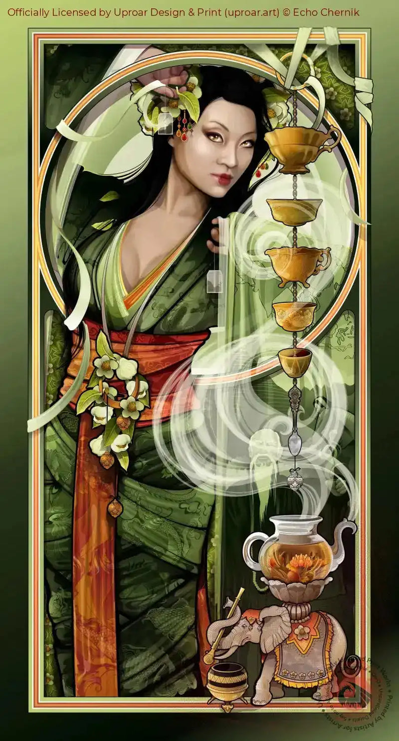 Goddess of Tea art print with Asian woman in traditional attire and tea set