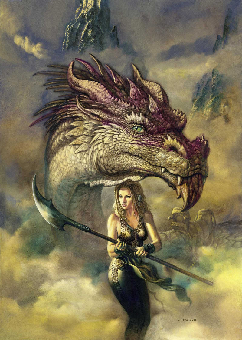 Fantasy dragon artwork with warrior woman, digital painting, fantasy art print
