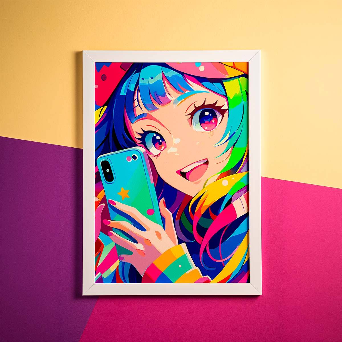 Colorful framed artwork of an anime character holding a phone on a two-tone wall.