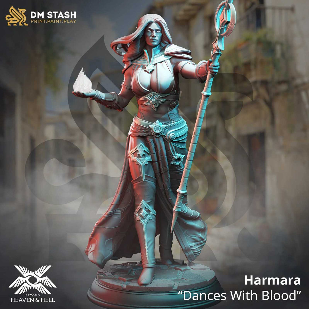 Harmara fantasy scale model with staff and flowing robes