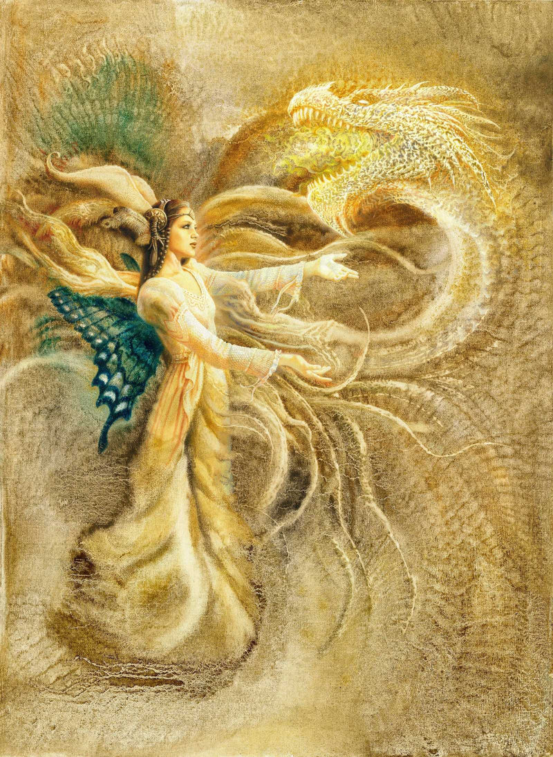 Open edition art print of a woman with dragon wings and a dragon in a fantasy scene