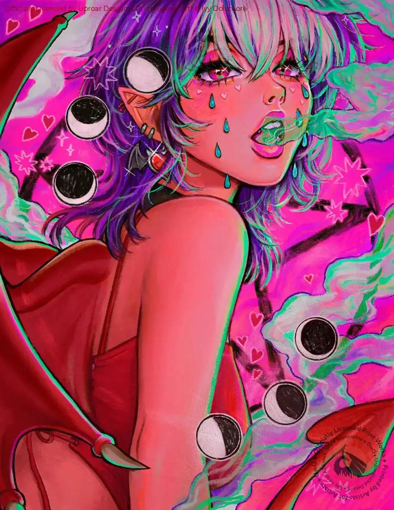 Vibrant fantasy art print of a girl with colorful hair, tears, and smoke, in a neon aesthetic