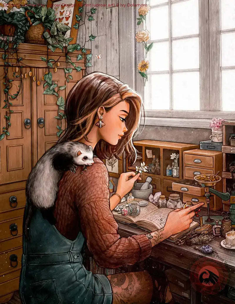 Herbalists Helper art print by Ivy Dolamore, fantasy artwork featuring a woman with a ferret in a cozy herbalist's workshop
