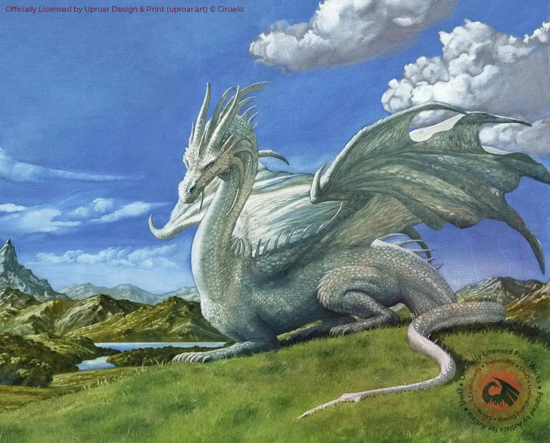 Open edition art print of a majestic white dragon with large wings and spiked head, set against a mountainous landscape with blue sky and clouds