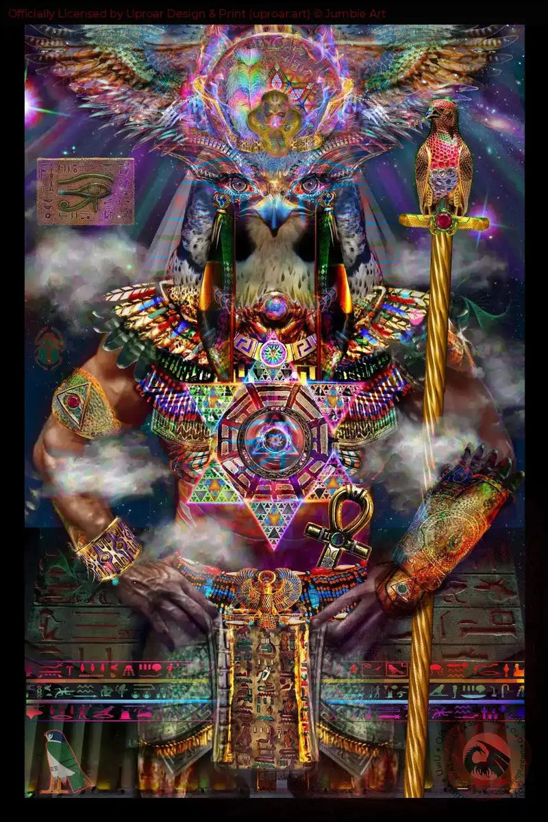 Horus Egyptian deity art print with vibrant cosmic and mystical elements