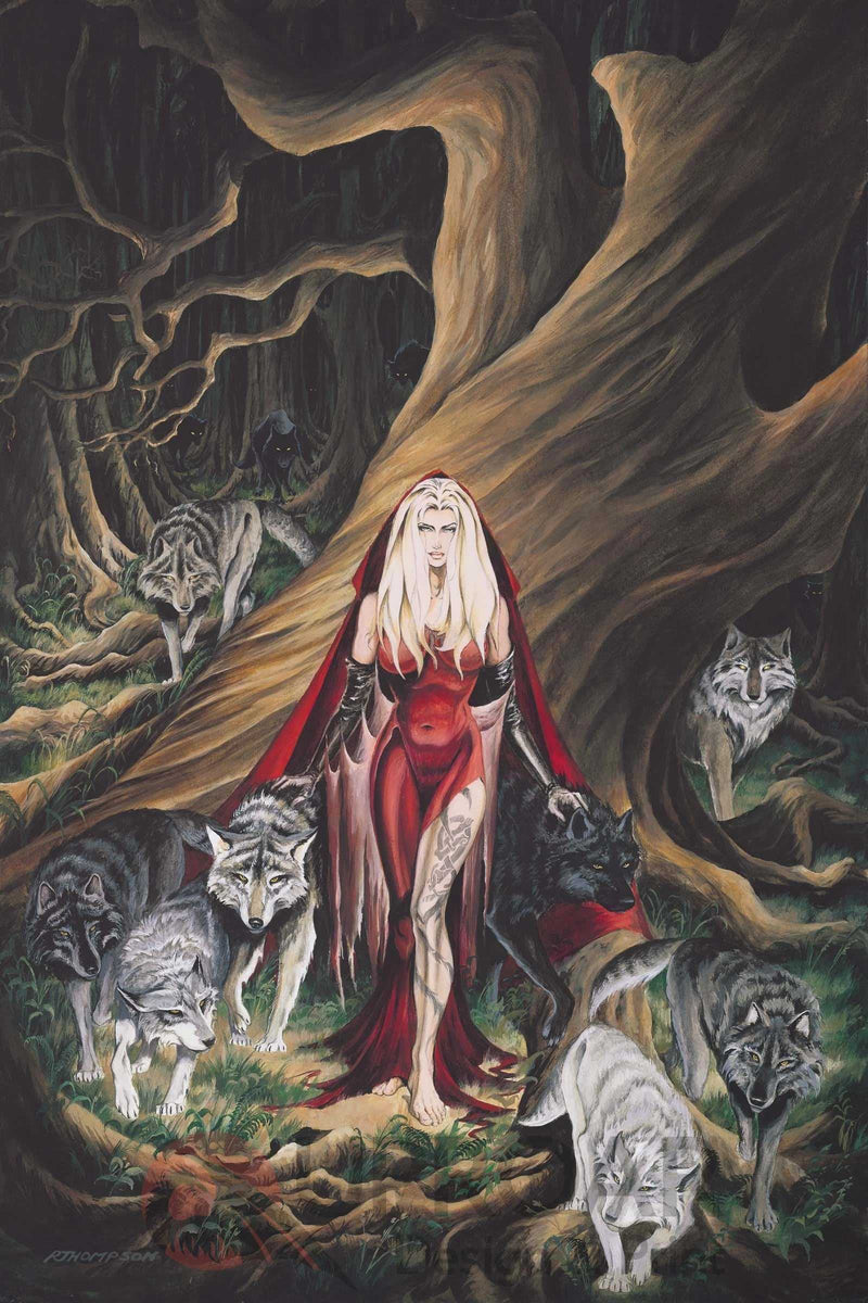 Dark forest scene with wolves and a woman in red cloak